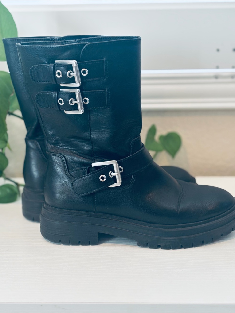 Sun + Stone Black Leather Buckle Moto Boots